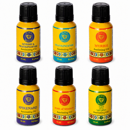 Ein Gedi Messiah Line 15ml cobalt glass anointing oil bottles from Israel in 6 biblical scents on white background