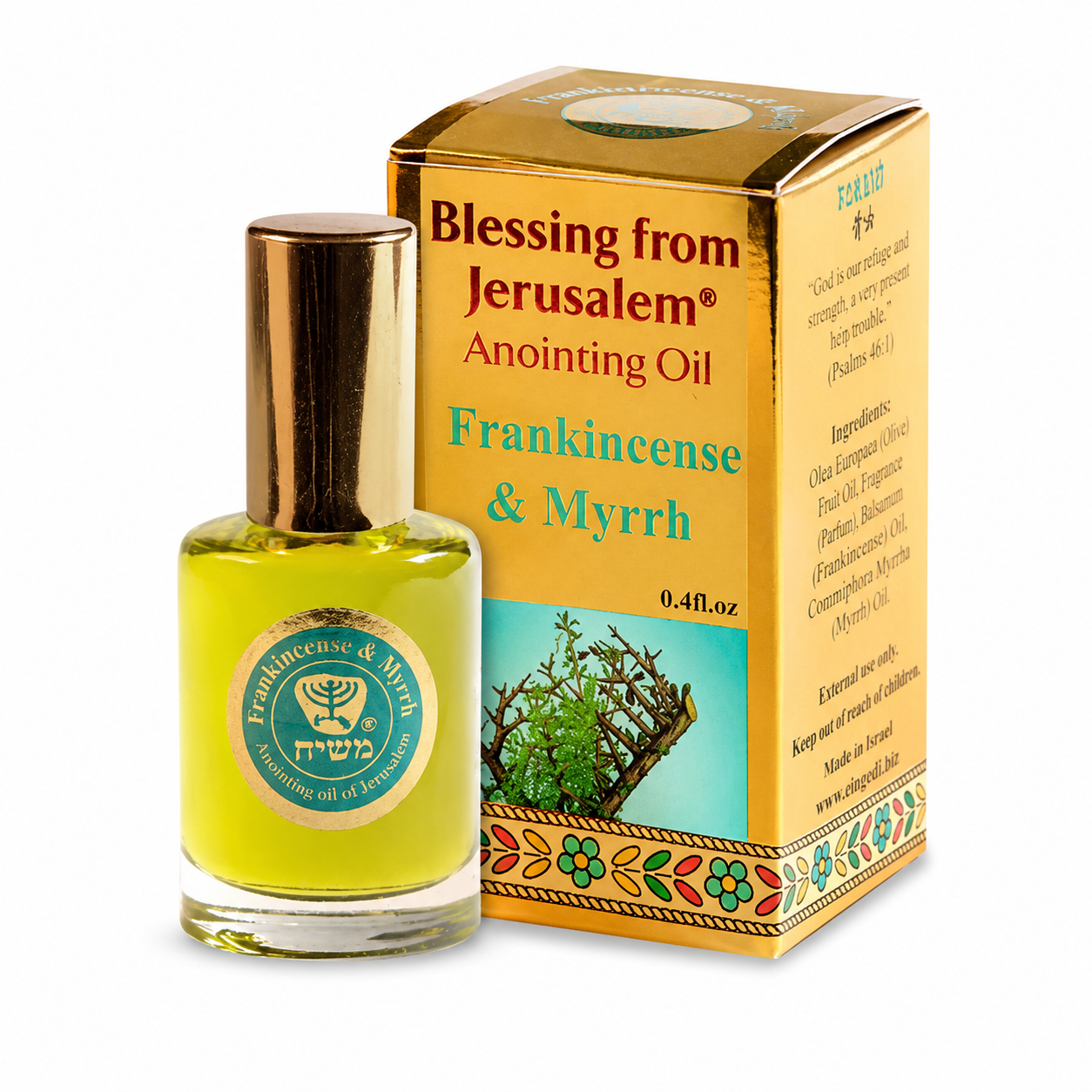 Ein Gedi Gold Collection Myrrh and Frankincense anointing oil 12ml on white background
