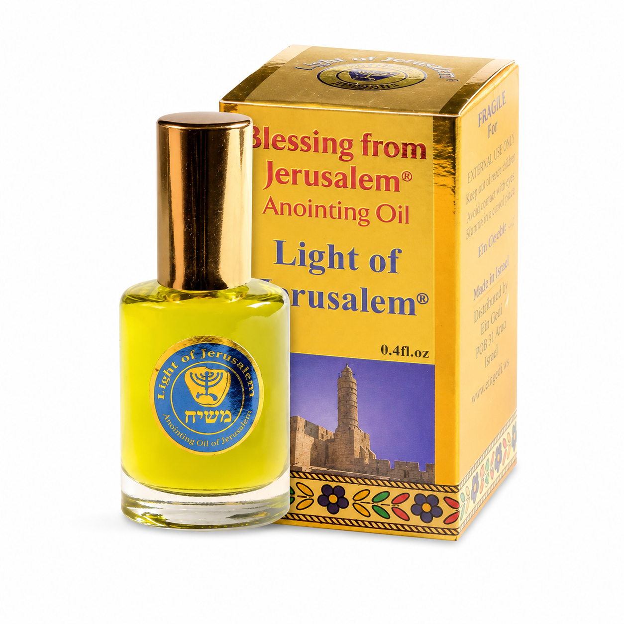 Ein Gedi Gold Collection Light of Jerusalem anointing oil 12ml on white background