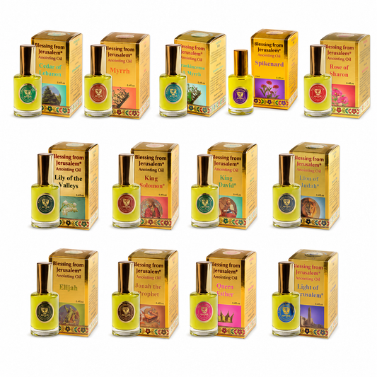 Ein Gedi Gold Collection 12ml anointing oils from Israel in 13 biblical scents on white background