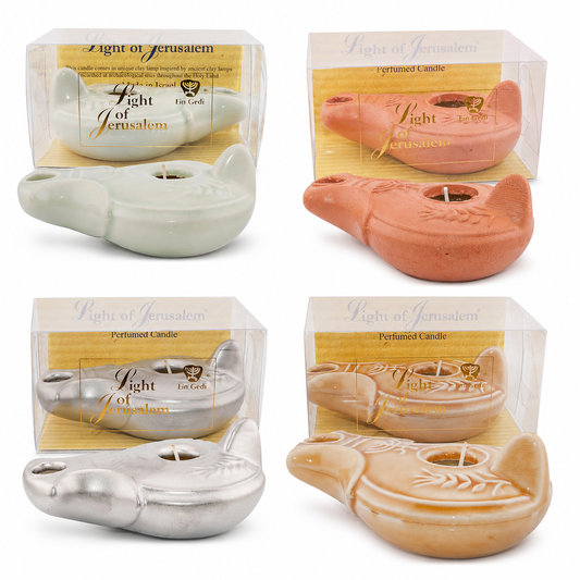 Ein Gedi perfume decorative clay candles from Israel in 6 colors on white background