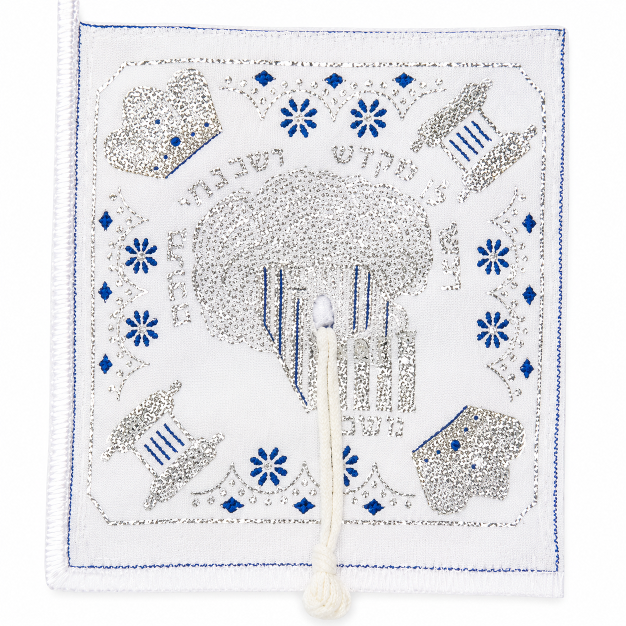 Blue and silver tallit corner patch with embroidered design