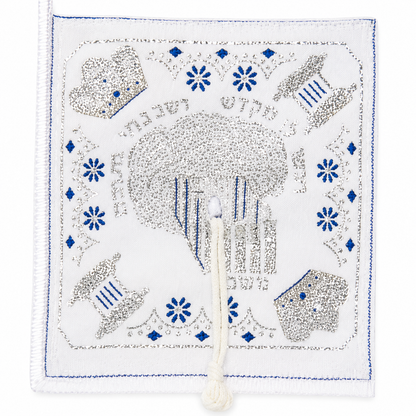 Blue and silver tallit corner patch with embroidered design