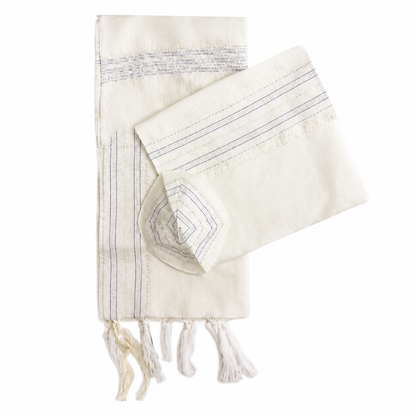 Gabrieli handwoven silk tallit prayer shawl set in ivory blue and silver