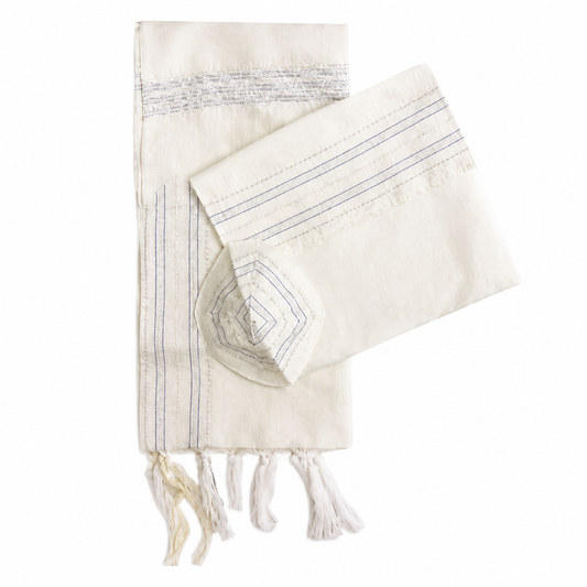 Gabrieli handwoven silk tallit prayer shawl set in ivory blue and silver