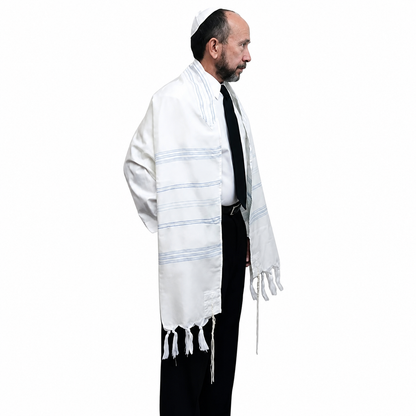 Man wearing ivory blue and silver Gabrieli silk tallit prayer shawl