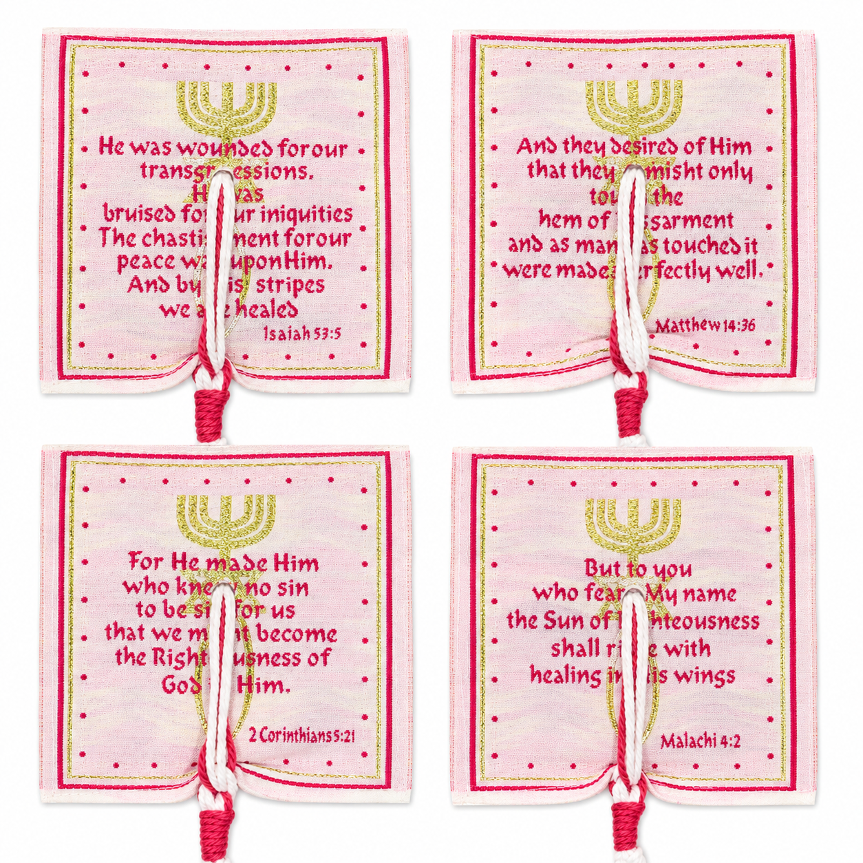 Pink and gold tallit corner patch with Scripture reference