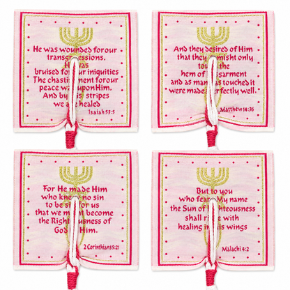 Pink and gold tallit corner patch with Scripture reference