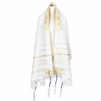 White and gold tallit prayer shawl with fringes and Hebrew collar