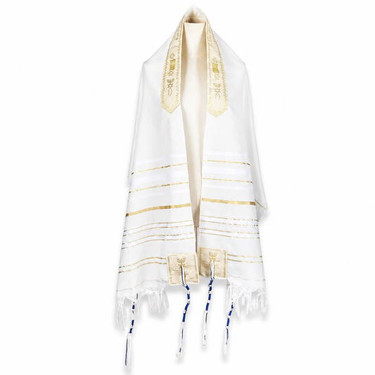 White and gold tallit prayer shawl with fringes and Hebrew collar