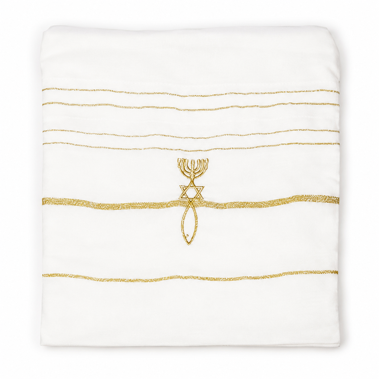 White and gold tallit bag with grafted-in symbol