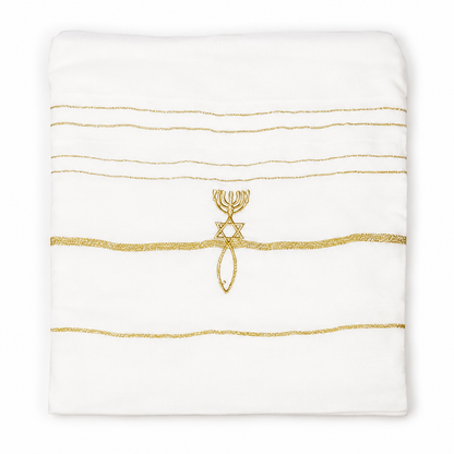 White and gold tallit bag with grafted-in symbol