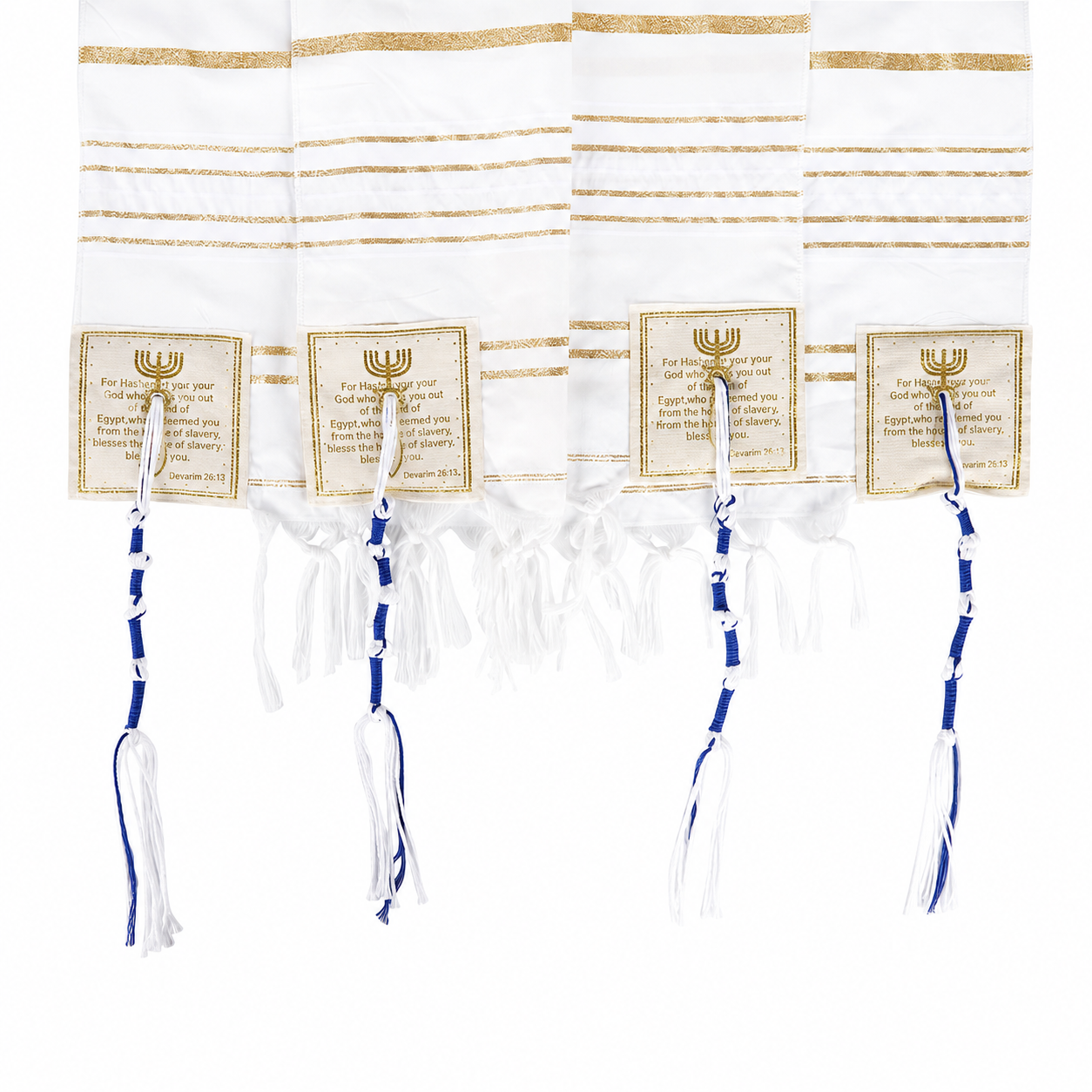 White and gold tallit prayer shawl with Scripture patches and blue tzitzit