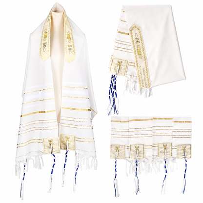 White and gold tallit prayer shawl with matching bag and Scripture corners