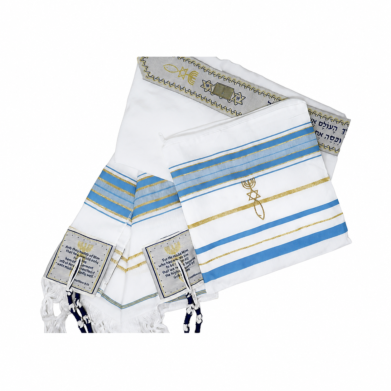 Light blue and gold tallit prayer shawl with matching bag