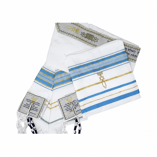 Light blue and gold tallit prayer shawl with matching bag