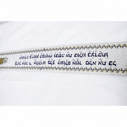 Hebrew blessing collar on light blue and gold prayer shawl