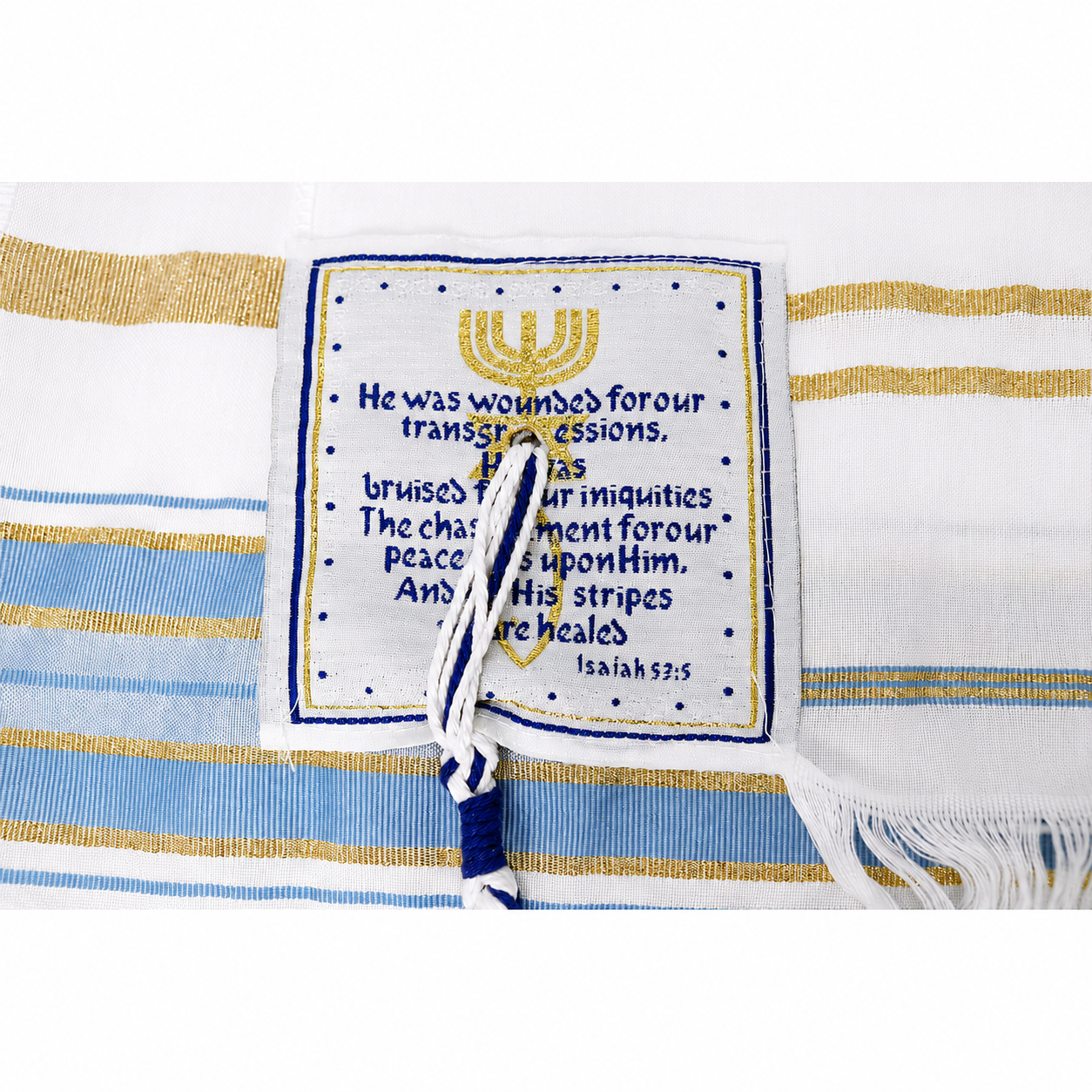 Light blue and gold prayer shawl corner patch with Scripture