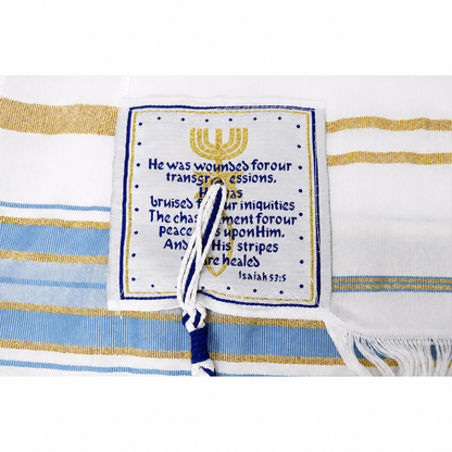 Light blue and gold prayer shawl corner patch with Scripture