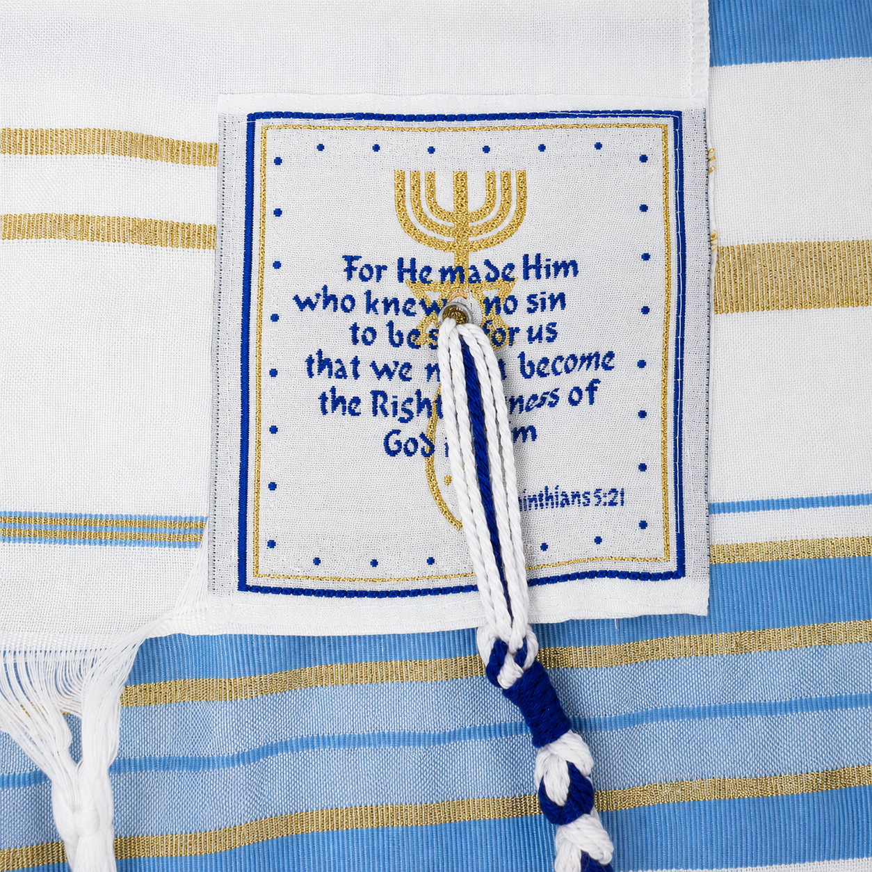 Light blue and gold prayer shawl corner patch with Scripture