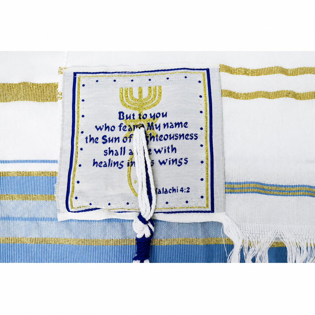 Light blue and gold prayer shawl corner patch with Scripture