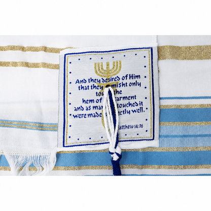 Light blue and gold prayer shawl corner patch with Scripture