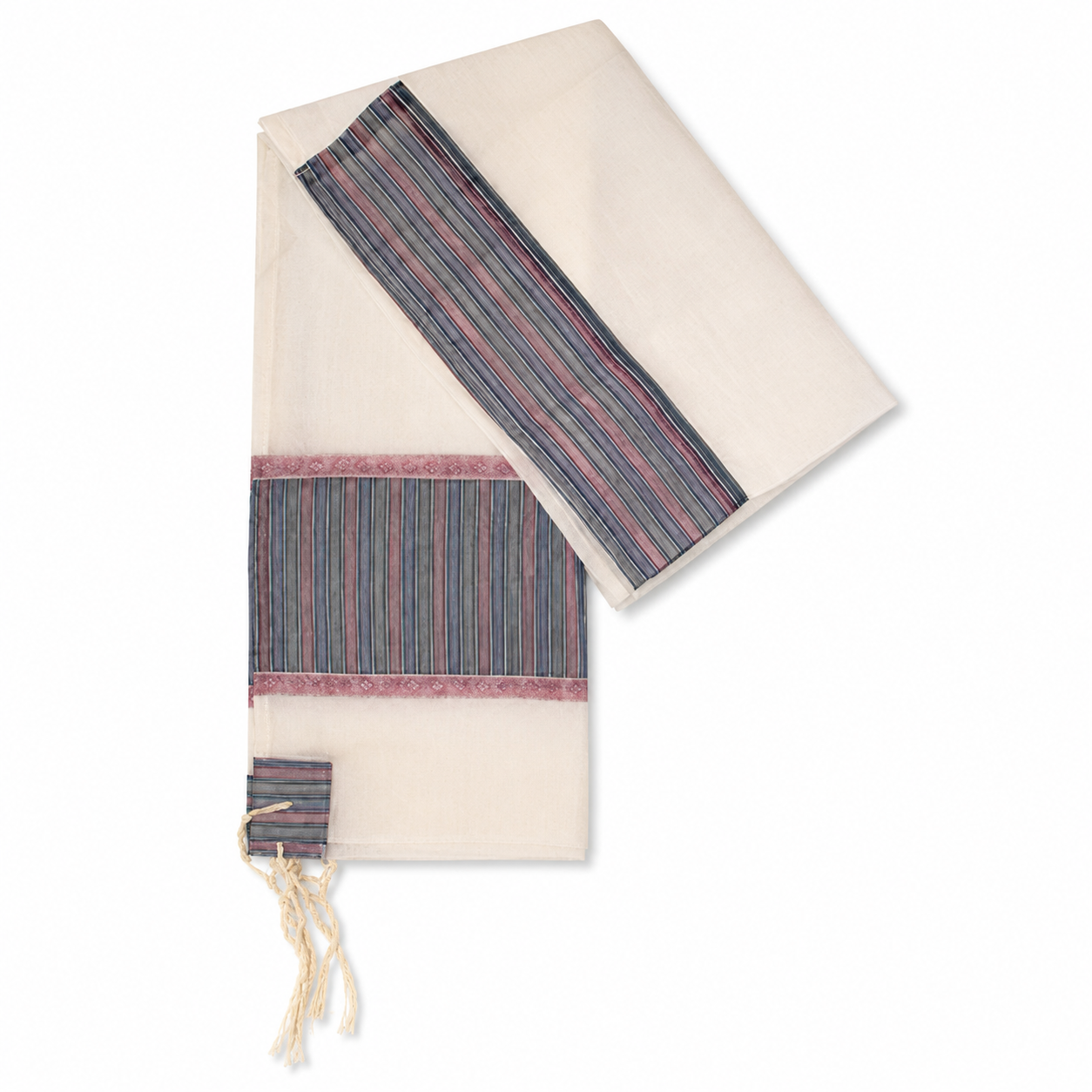 Cream wild silk tallit with pink gray and blue striped accents