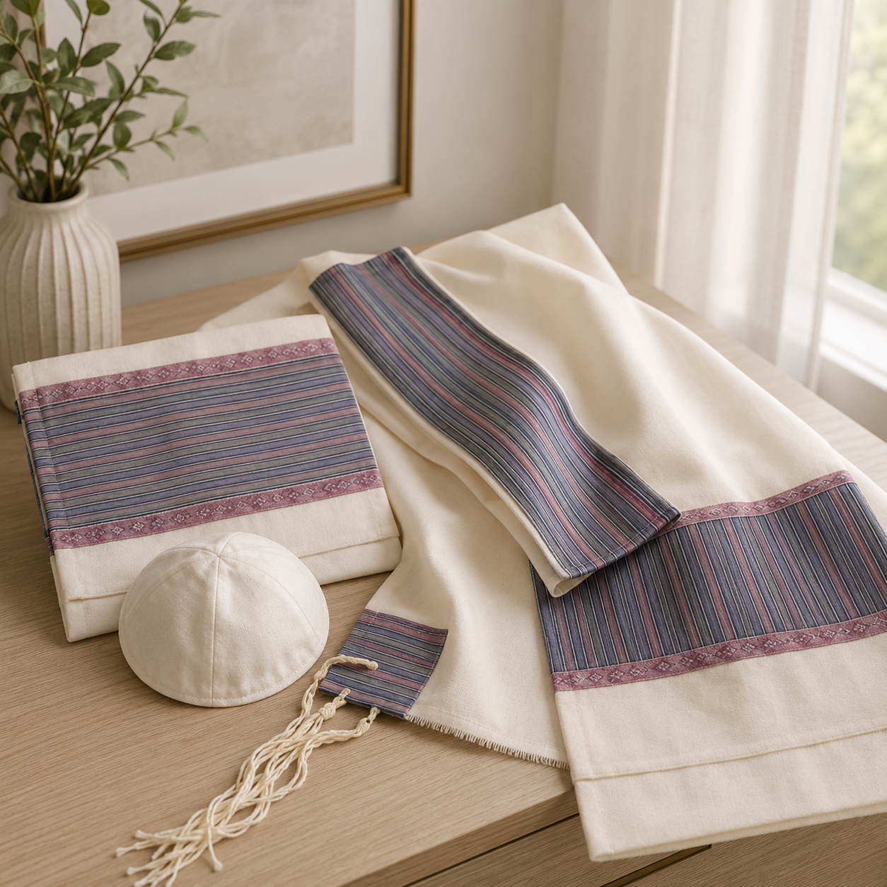 Wild silk tallit set with matching bag and kippah displayed on a desk