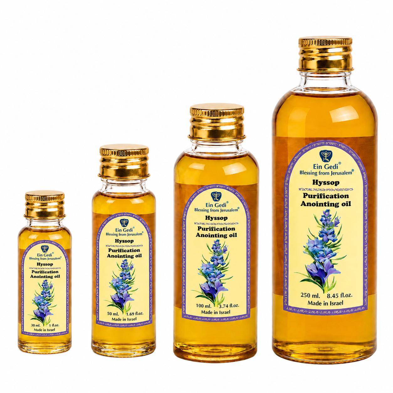 Ein Gedi Hyssop anointing oil PET bottles in 30ml, 50ml, 100ml, and 250ml sizes on white background