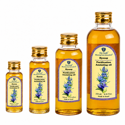 Ein Gedi Hyssop anointing oil PET bottles in 30ml, 50ml, 100ml, and 250ml sizes on white background