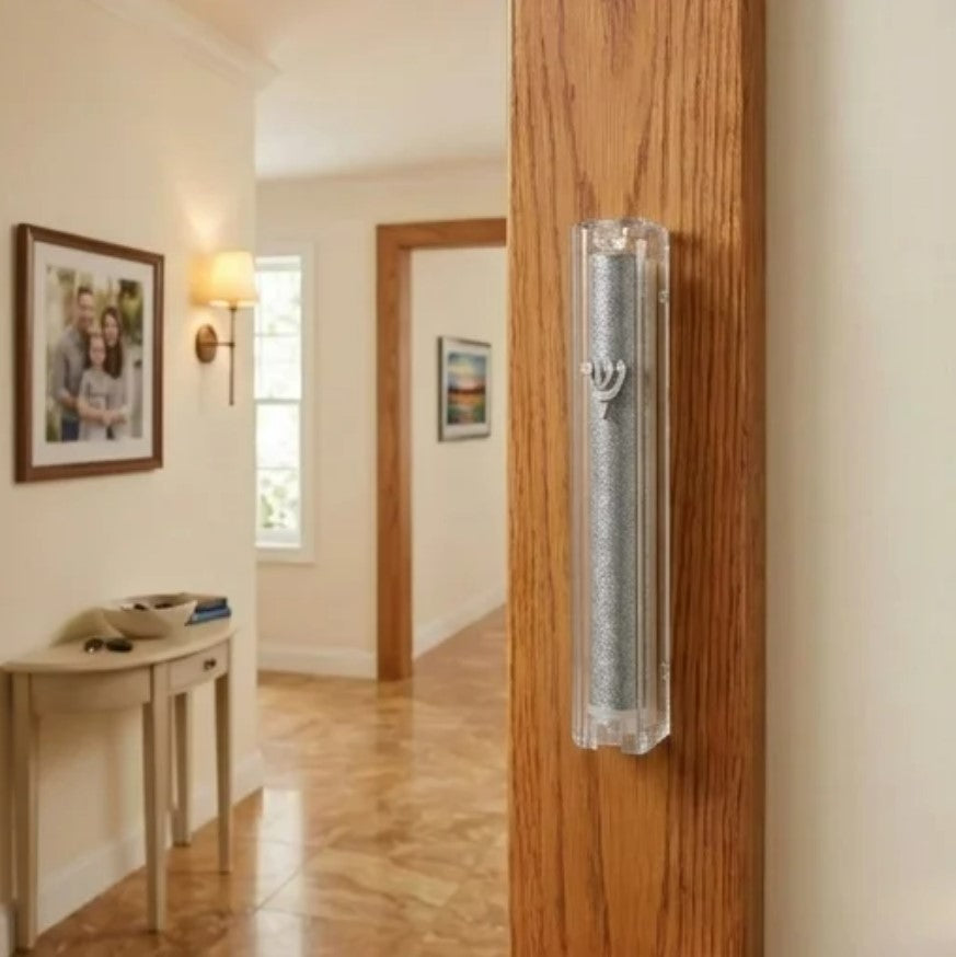 Clear Plastic Glitter Mezuzah with Silver Shin