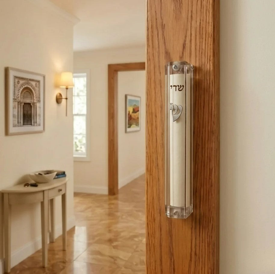 Clear Plastic Mezuzah with Silver Shin