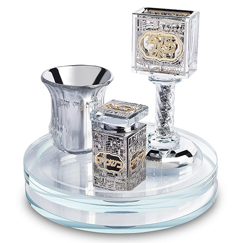 Crystal Havdalah set with tray cup candle holder and Besamim box