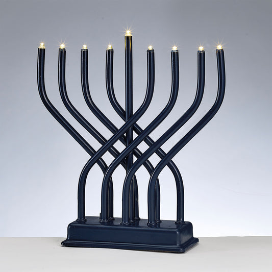 Hanukkah Menorah, steel, navy, with LED lights on