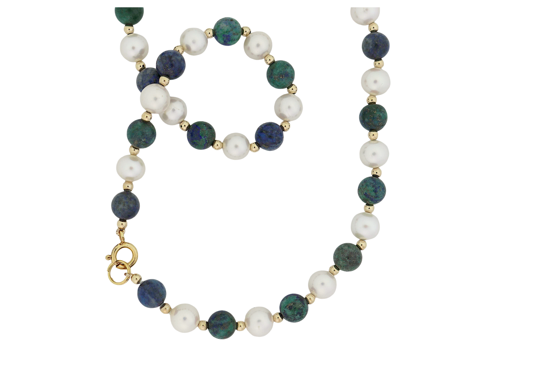 Close-up view of Eilat Stone and Pearl Bead Necklace