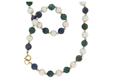 Close-up view of Eilat Stone and Pearl Bead Necklace