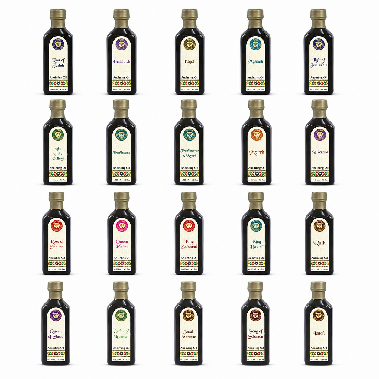 Ein Gedi 125ml blue cobalt anointing oil bottles from Israel in 20 biblical scents on white background 
