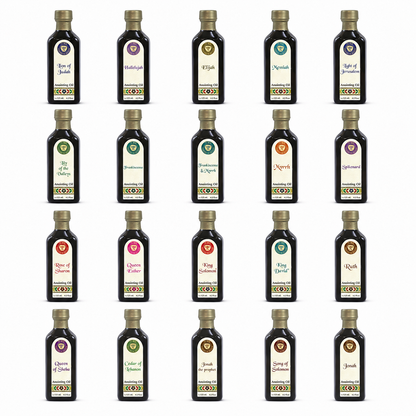 Ein Gedi 125ml blue cobalt anointing oil bottles from Israel in 20 biblical scents on white background 