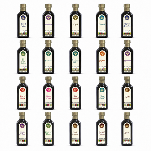 Ein Gedi 125ml blue cobalt anointing oil bottles from Israel in 20 biblical scents on white background 