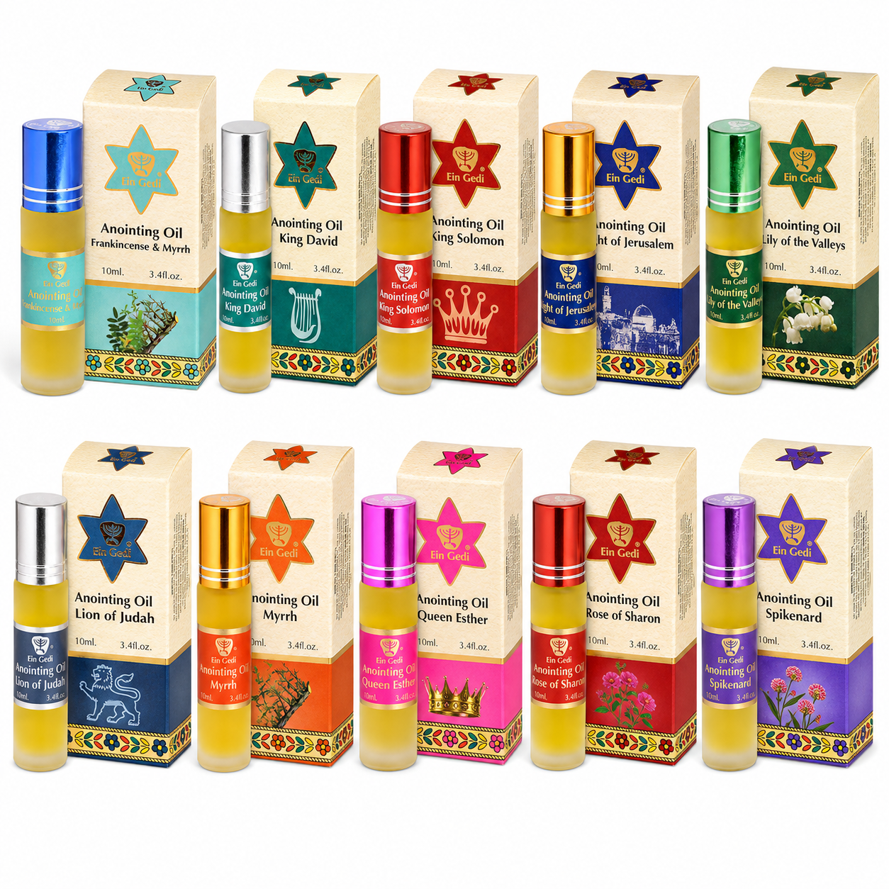 Ein Gedi 10ml roll-on anointing oils from Israel in 10 biblical scents on white background 
