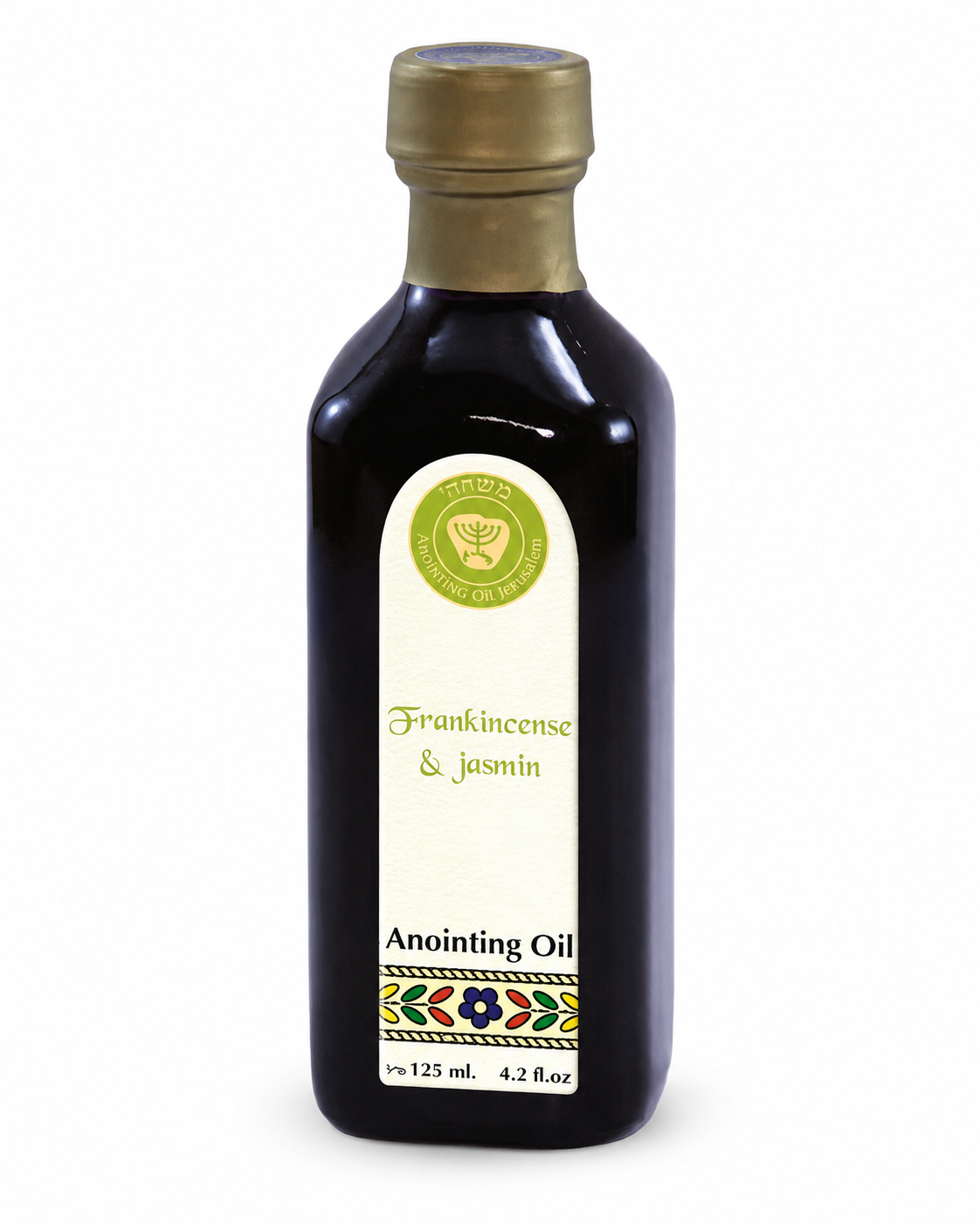 Ein Gedi Frankincense and Jasmin anointing oil 125ml blue cobalt bottle on white background