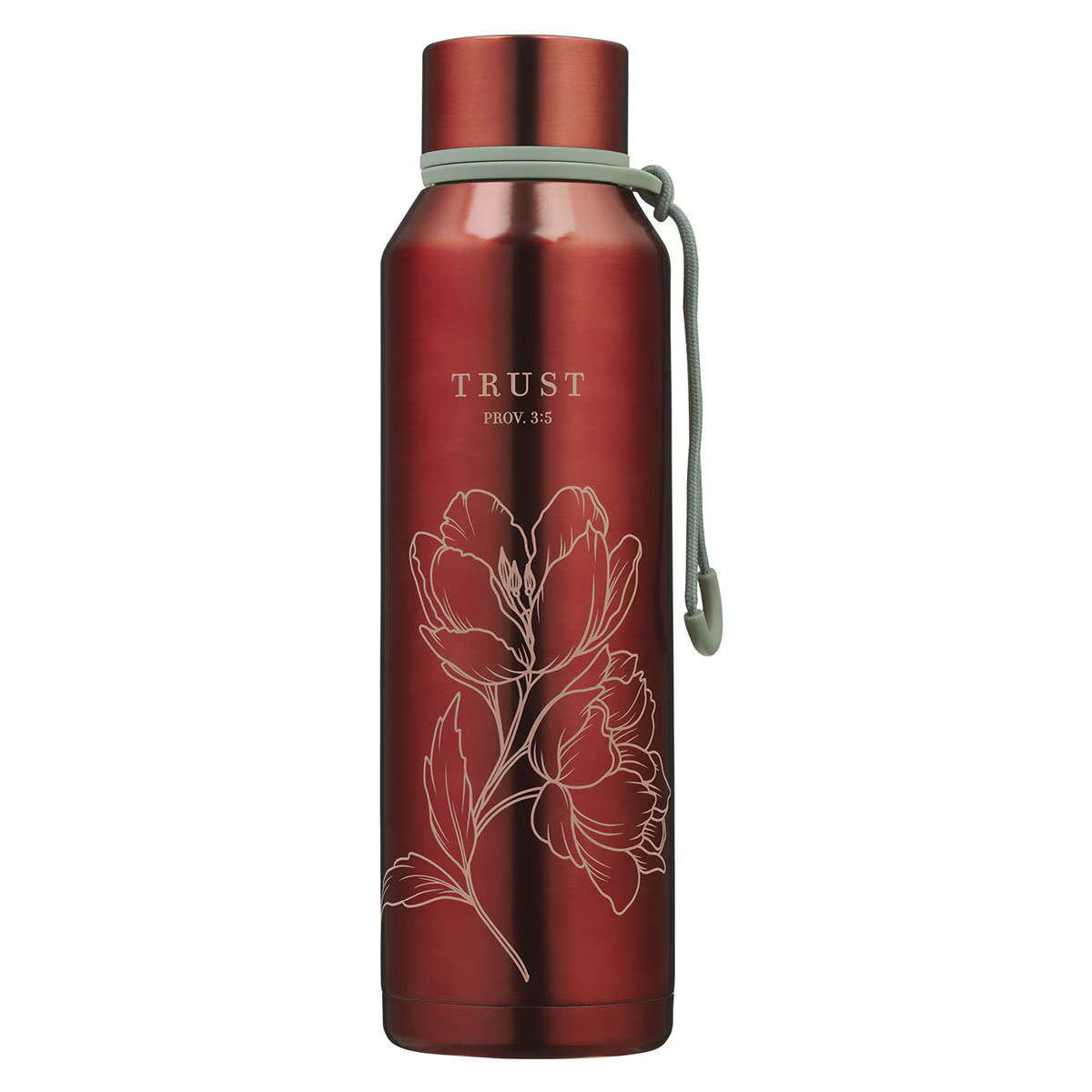 Red Stainless Steel Water Bottle With white floral design that that reads 'Trust' and PROV 3:5' 