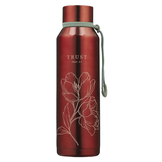 Red Stainless Steel Water Bottle With white floral design that that reads 'Trust' and PROV 3:5' 