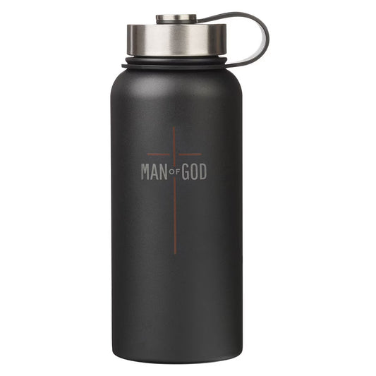 Black Stainless Steel Water Bottle with red cross design and the phrase 'Man of God'