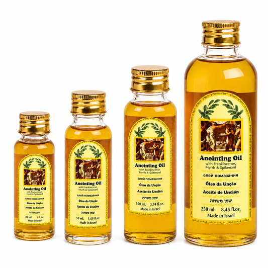 Ein Gedi Frankincense Myrrh and Spikenard anointing oil PET bottles in 4 sizes on white background