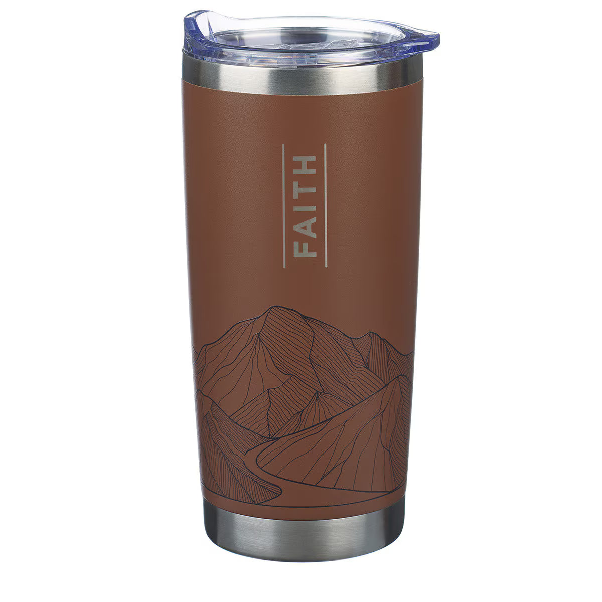 Brown stainless steel travel tumbler which reads FAITH with black mountain decal around the bottom