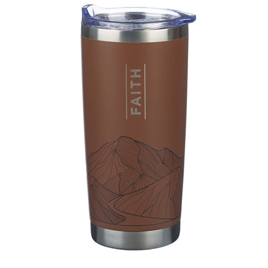 Brown stainless steel travel tumbler which reads FAITH with black mountain decal around the bottom