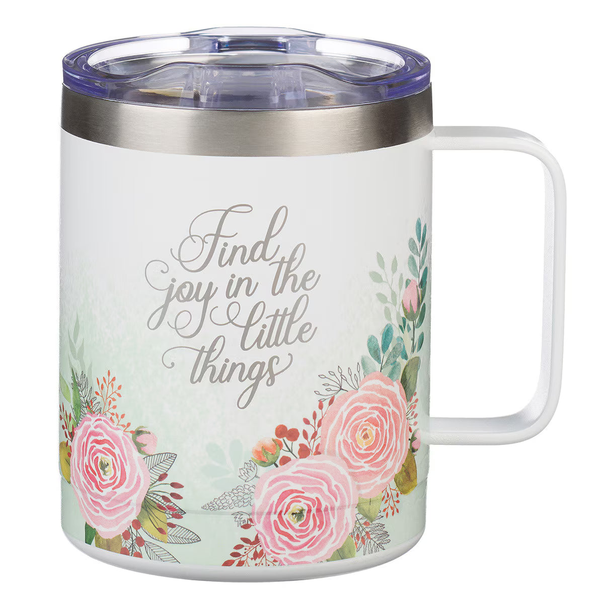 White stainless steel travel mug with floral design and motivational quote in silver script