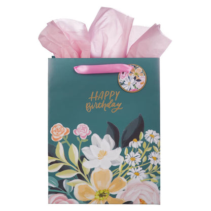 Happy Birthday Teal Floral Large Portrait Gift Bag