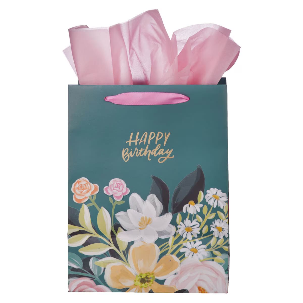 Happy Birthday Teal Floral Large Portrait Gift Bag